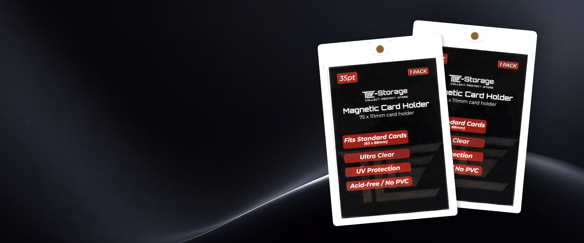 Two magnetic card holders on a dark background